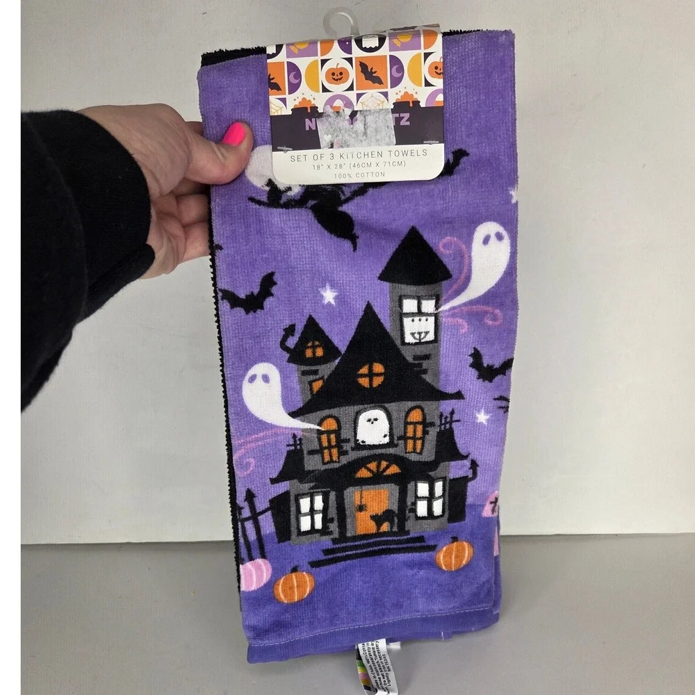 Halloween Haunted House Kitchen Towels Set Purple Black Cotton Ghost Cat Bat